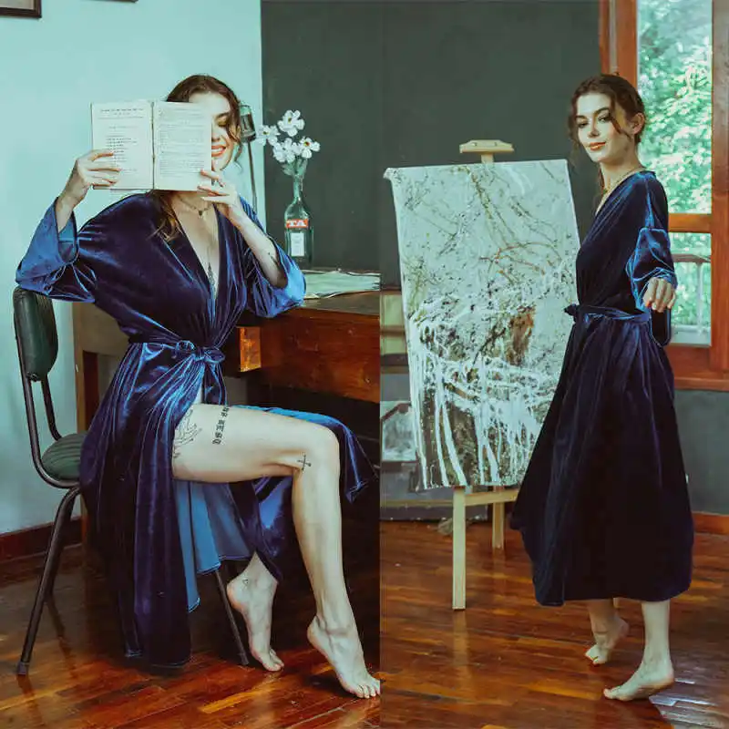 

Vintage Velour Maternity Dresses Sashes V Neck Long Sleeve Women Bathrobe High Split Robe Customized Evening Dress Bata De Baño