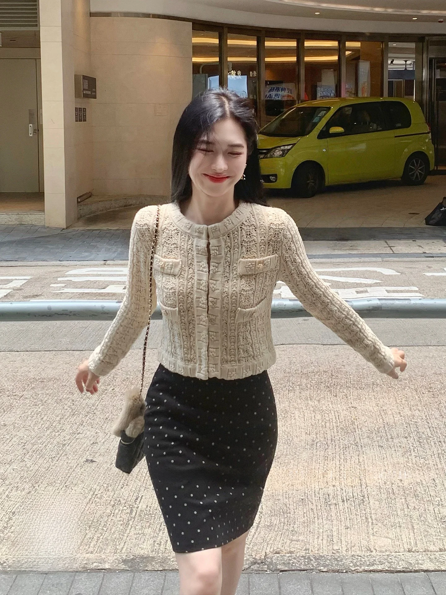 

Heavy-Worked Hollow out Knitted ort Coat Long Sve round Ne Girl's Autumn Winter Faion Outerwear