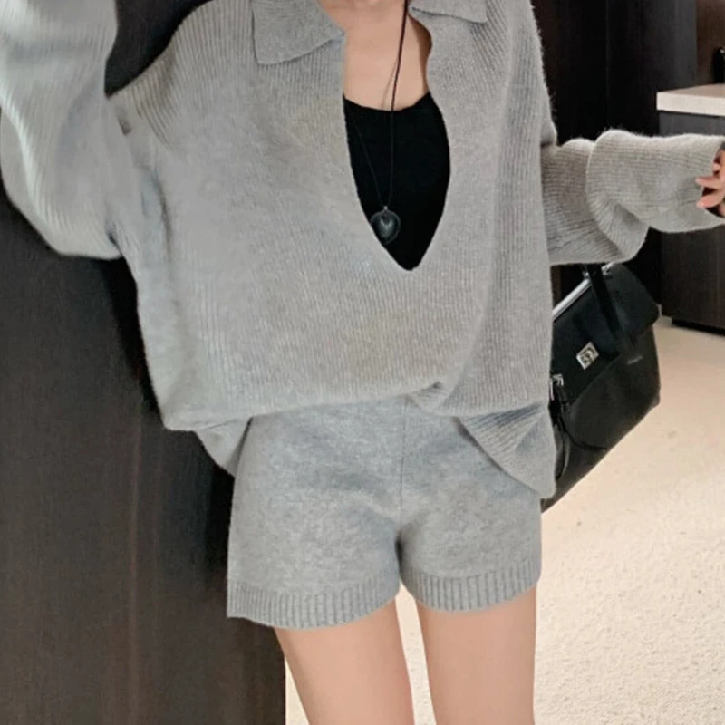 Lazy and Loose Sweater Set Women's Autumn and Winter New Loose Slimming Casual Knit Shorts Two-piece Set