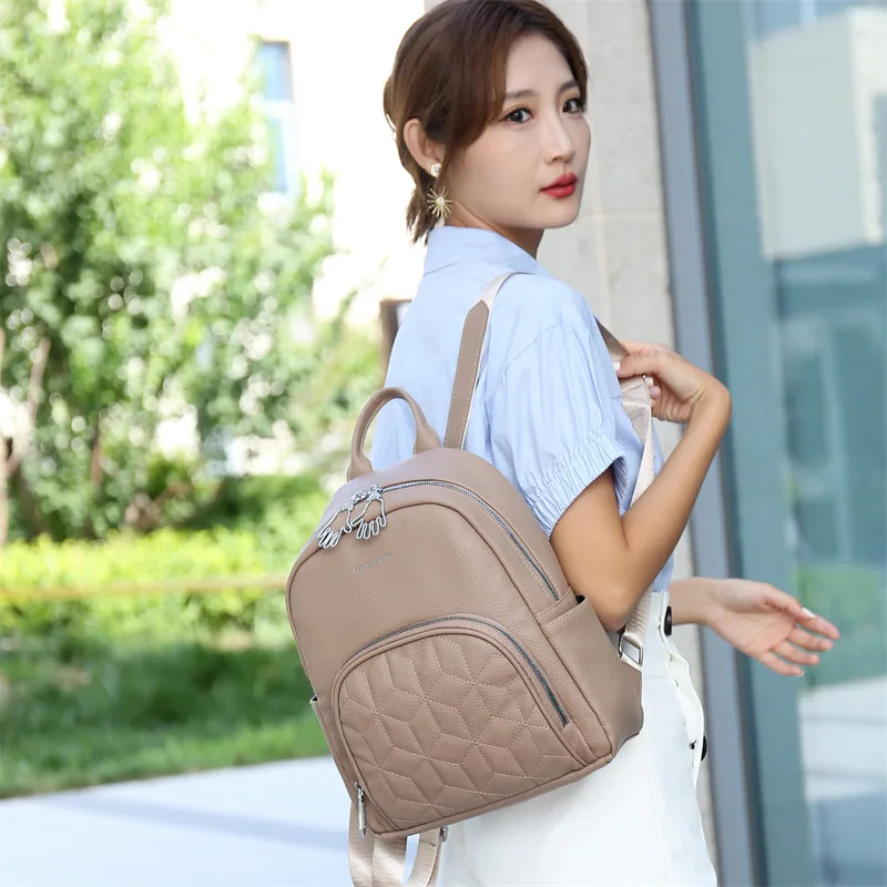 Retro Backpack New Korean Style PU Leather Personality Trend Zipper Diamond Lattice Fashion Daily Commuter Leisure Travel Bag