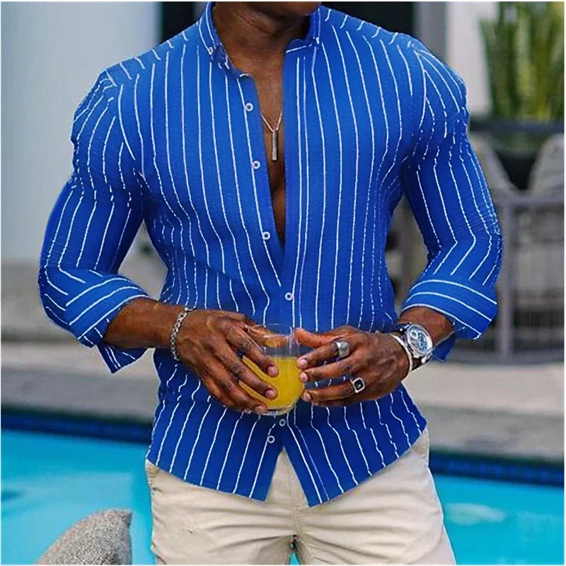 2024 Men's Shirt Black and White Ruby Color Long Sleeve Striped Lapel Spring and Autumn Office Professional Large Size Shirt 6XL