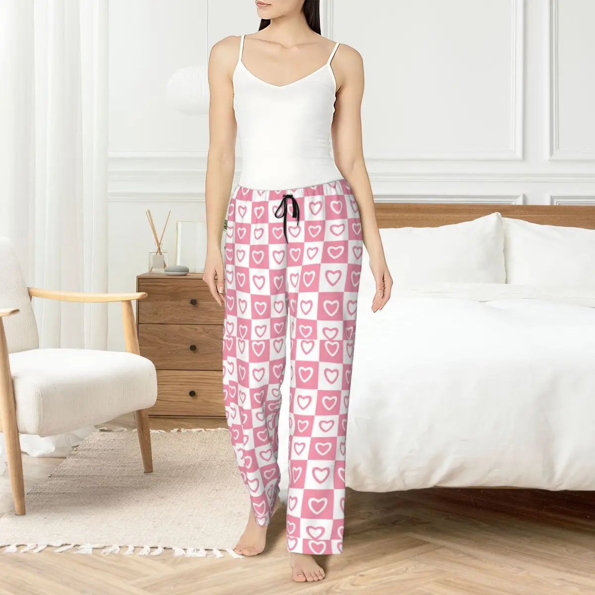 

Custom Pink White Hearts Checkered Pattern Pajama Pants for Women Sleepwear Lounge Sleep Bottoms Stretch with Pockets
