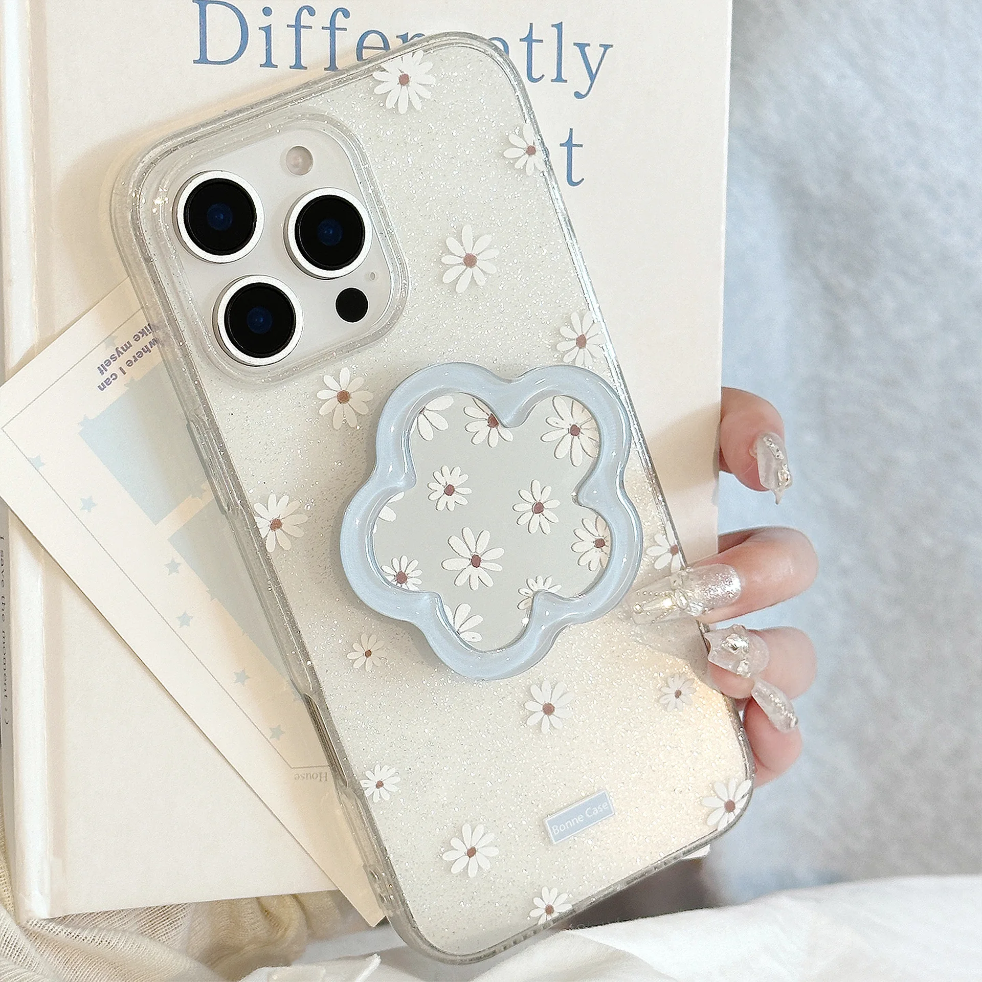 Niedliche Gänseblümchen-Glitzer-transparente Handyhülle mit Blumenspiegelhalterung für iPhone 16, 15, 14, 12, 13, 11, Pro Max, stoßfeste Schutzhülle
