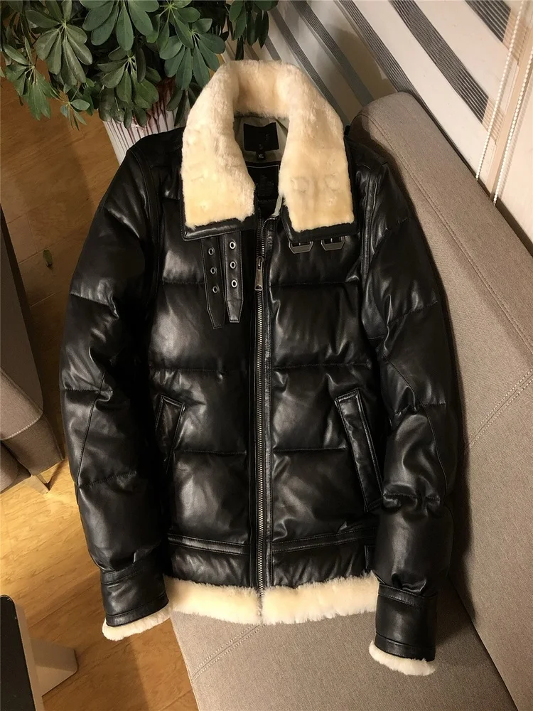 

YR!Free shipping.Classic B3 style genuine leather jacket.winter warm fur coat.quality 350g white duck down sheepskin clothes.