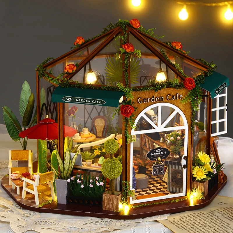 Garden coffee Wooden Doll House Mini Kit 3D Puzzle Assemble Building Model Toys With Furniture Lighting Dollhouse Birthday Gifts