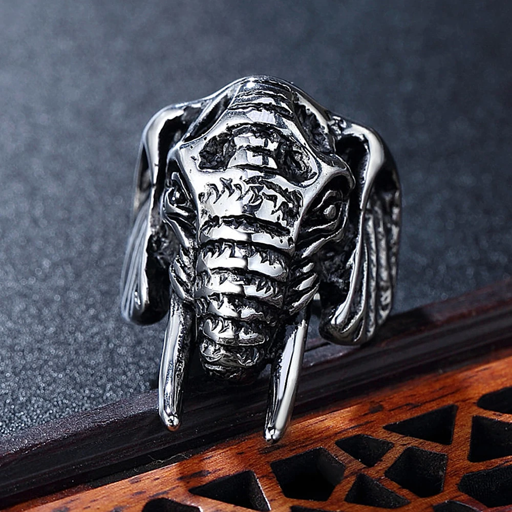 Unique Vintage Stainless Steel Elephant Ring Mens Punk Motorcycle Biker Rings African Tribe Animal Elephants Head Jewelry Gifts