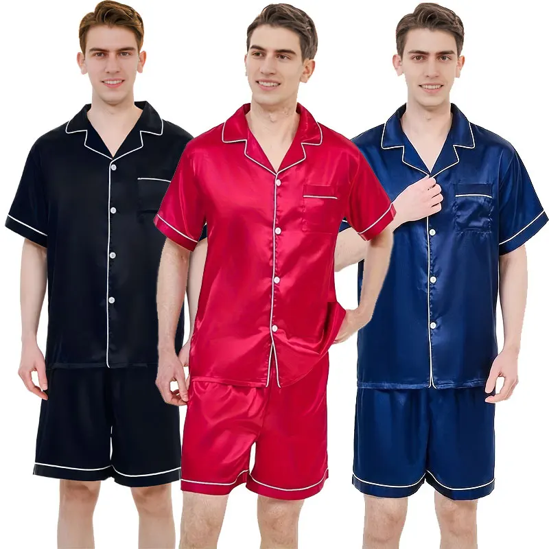 Men\'s Sleepwear New Pajama Sets Men Summer Ice Silk Cardigan Short-Sleeved Shorts Senior Sense Of Solid Colour Pajamas Homewear