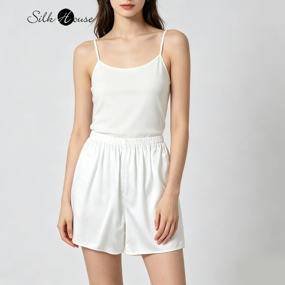 

2026 Women's Casual Summer New 100% Natural Mulberry Silk Plain Satin White Simple Elastic Waist Leggings Safety Shorts
