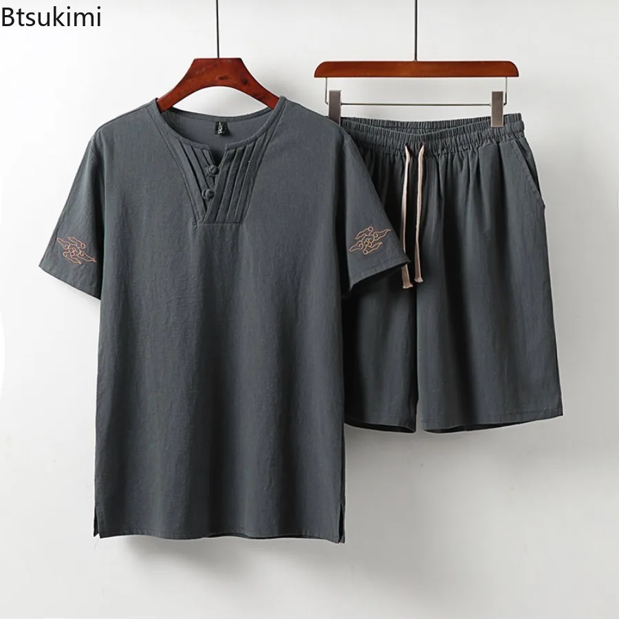New 2025 Summer Men's Linen Thin Style Breathable Round Neck Workwear for Men Casual Loose Fit Short Sleeved Shorts Suit Male