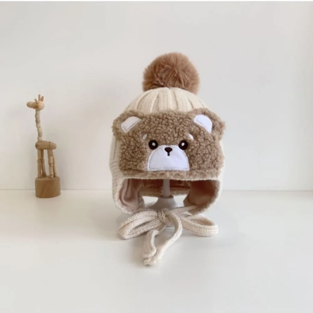 Warm Big Pompom Baby Winter Warm Hat Woolen Yarn Windproof Cartoon Bear Thick Ear Protection Cap Soft and Breathable