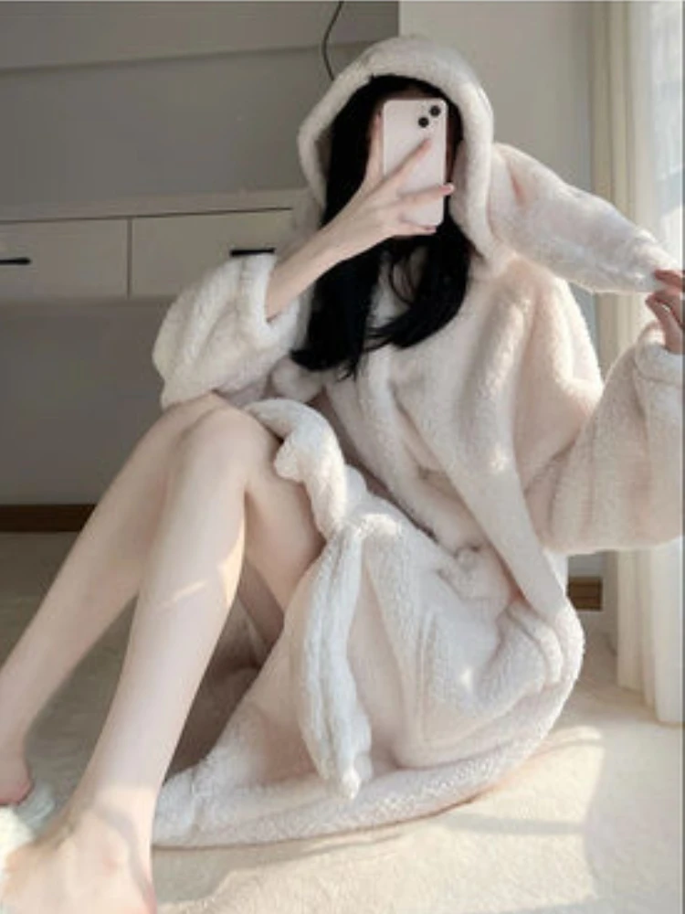 New Winter Hooded Robes Women Simple Thicken Keep Warm Comfortable Sleepwear Lovely Girls Rabbit Ears Design Pockets Chic Home