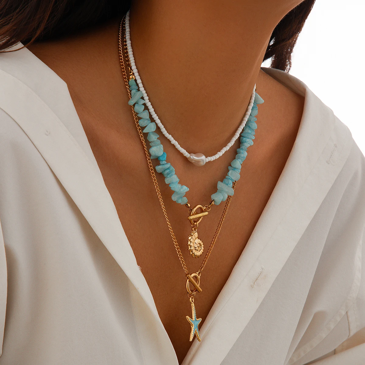 IngeSight.Z 3pcs/set Bohemian Conch Starfish Pendant Necklace for Women Trendy Rice Bead Link Chain Necklace Set Jewelry