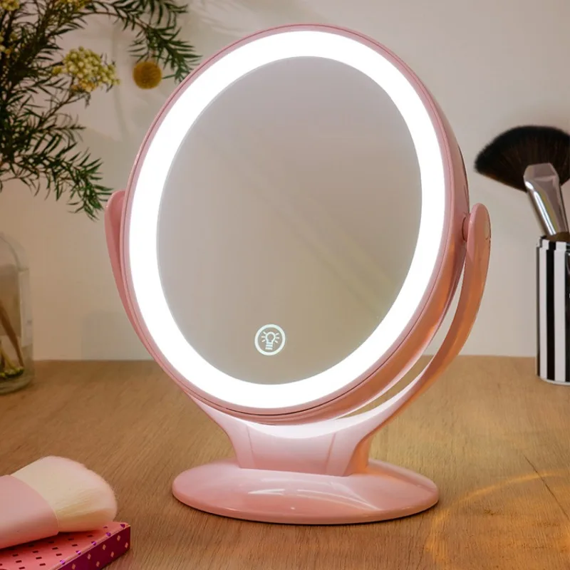 Desktop LED Makeup Mirror with Light Multi-functional Rotating Portable Dressing Mirror Desktop Touch Supplementary Light Mirror