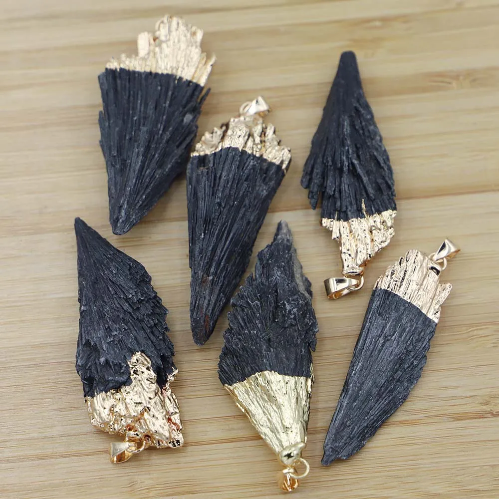 6PCS Natural Black Tourmaline Raw Stone Fan Pendants Charms Healing for Necklace Jewelry Making Wholesale 6Pcs