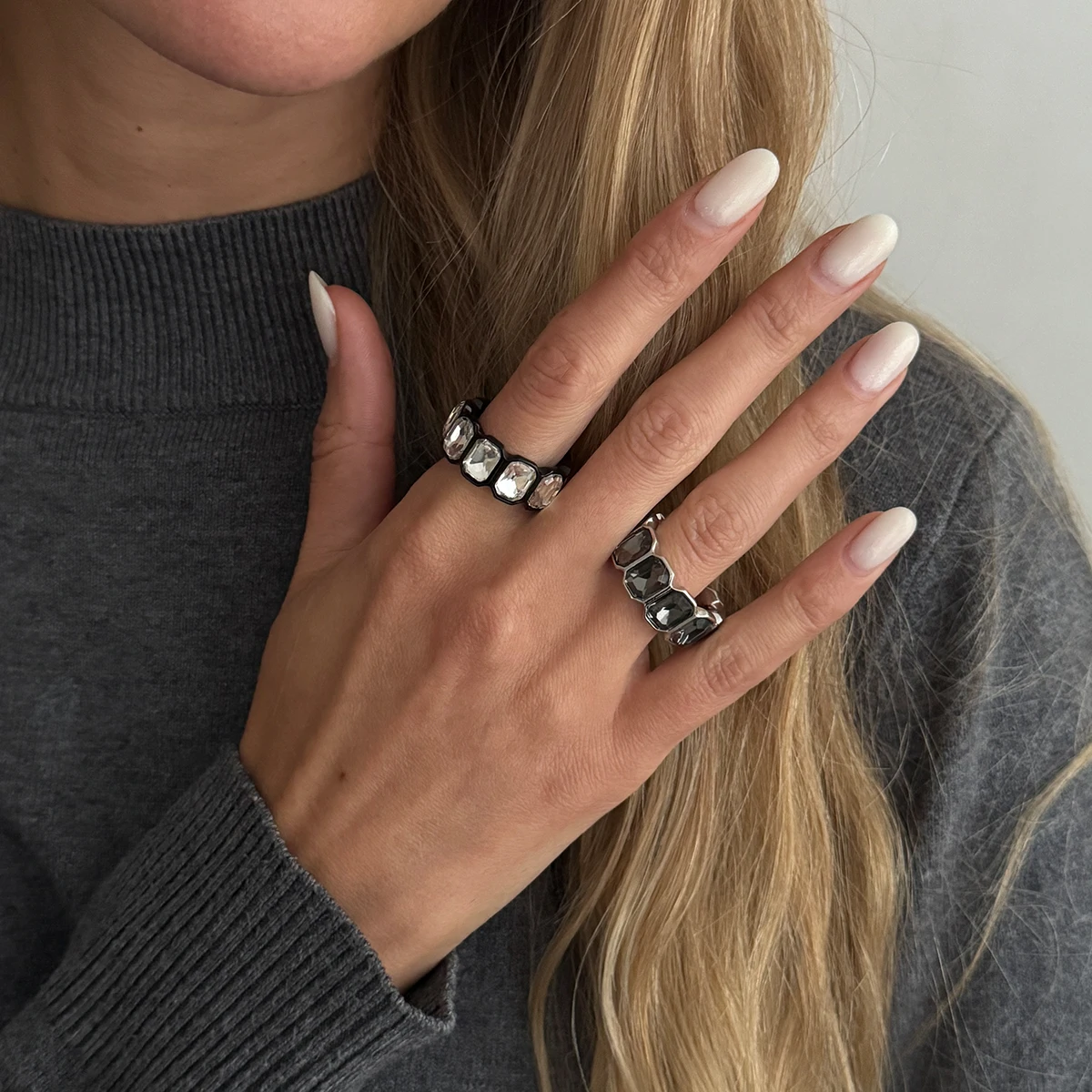 SHIXIN New Unique Sparkling Rhinestones Open Ring for Women Minimalist Geometric Acrylic Adjustable Knuckle Rings Couple Jewelry