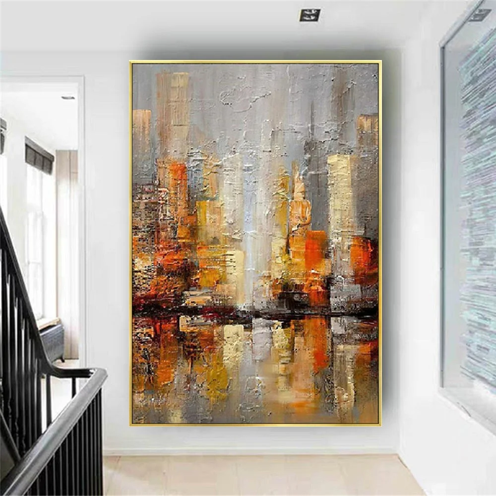 

Modern Gold Reddish Brown Abstract Oil Painting On Canvas Handmade Cityscape Wall Art Picture For Living Room Home Decor Poster