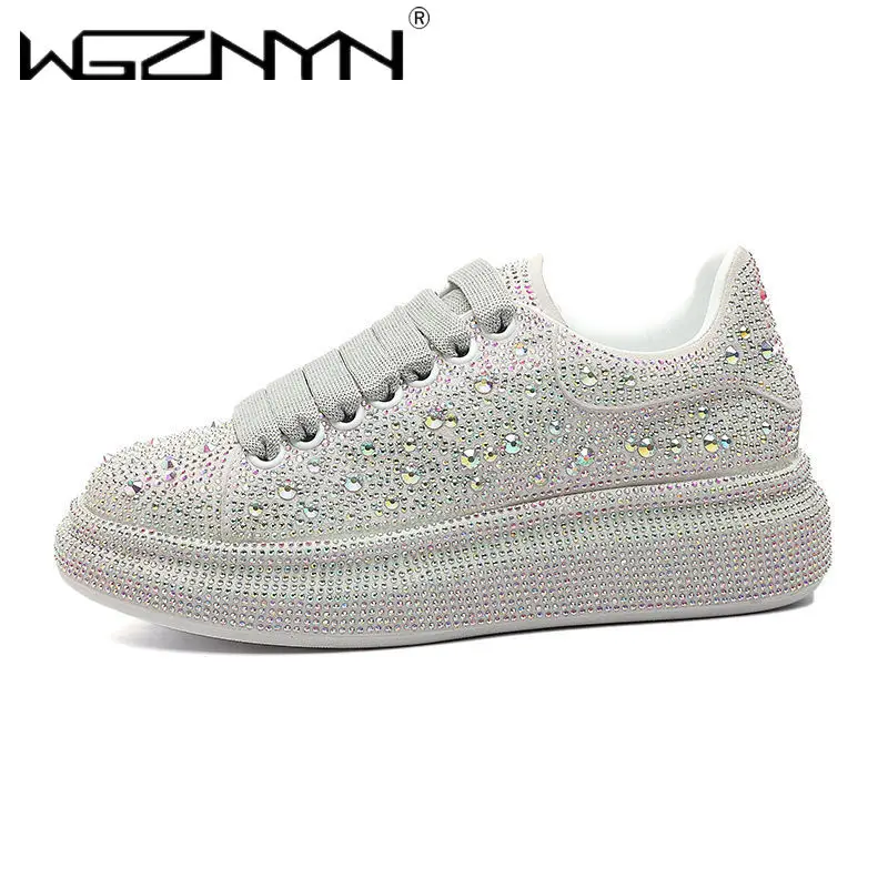 WGZNYN 2023 New Fashion Women Shoes Luxury Sports Shoes Women Designers Leather Shoes Silver Rhinestone Crystal Sneakers Tide