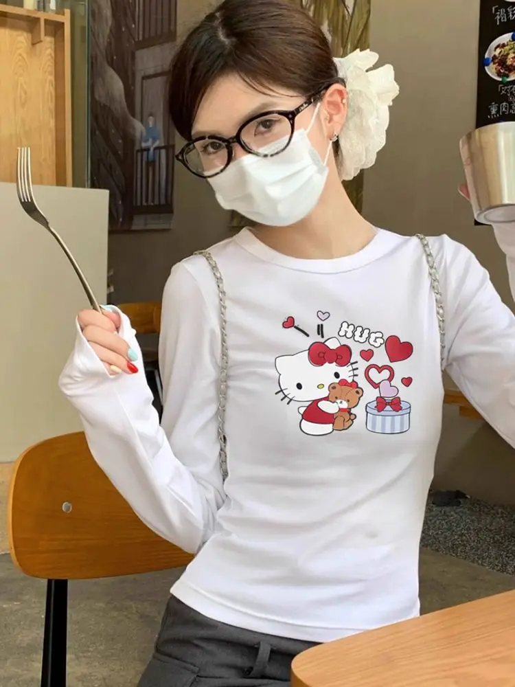 

Женская осенне-зимняя футболка Hello Kitty 2024, облегающая термобелье с длинными рукавами и милым мультяшным принтом, удобная модная футболка
