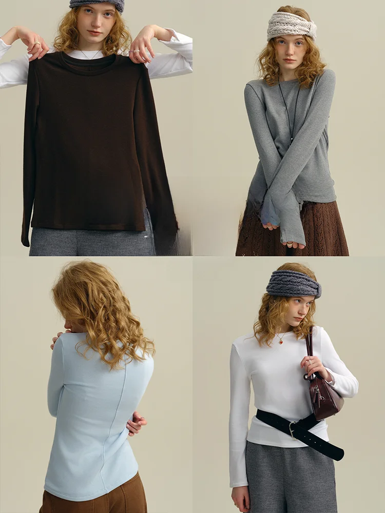 

Осенне-зимняя утепленная приталенная футболка из вельвета в четырех цветах, женская повседневная модель с длинным рукавом и круглым вырезом.