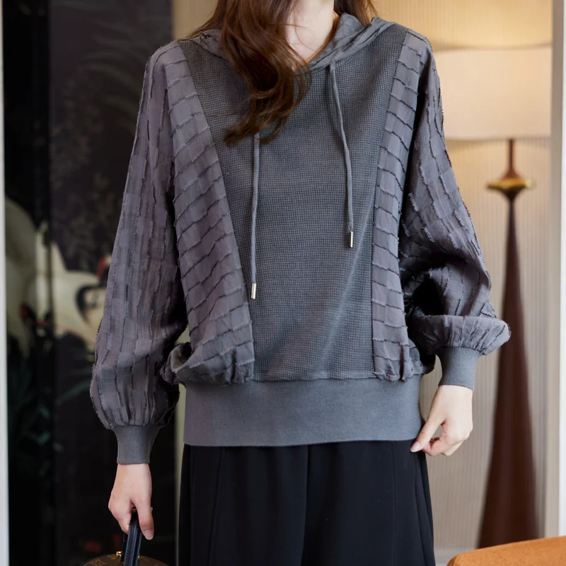 Mode Lässig Patchwork Batwing Hülse Mit Kapuze Hoodie Frauen Frühling Herbst Neue Stil Minimalistischen Vielseitig Pullover Top