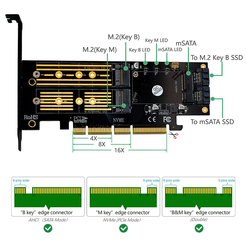 نسخة ترقية VO 3 في 1 Msata وM.2 NGFF NVME SATA SSD إلى PCI-E 4X وSATA3 محول محول قرص بطاقة الناهض