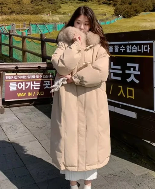 Winter New Thick Down Padded Jacket for Women with Large Fur Collar Medium Length Over The Knee Padded Overcoat Women's Coat