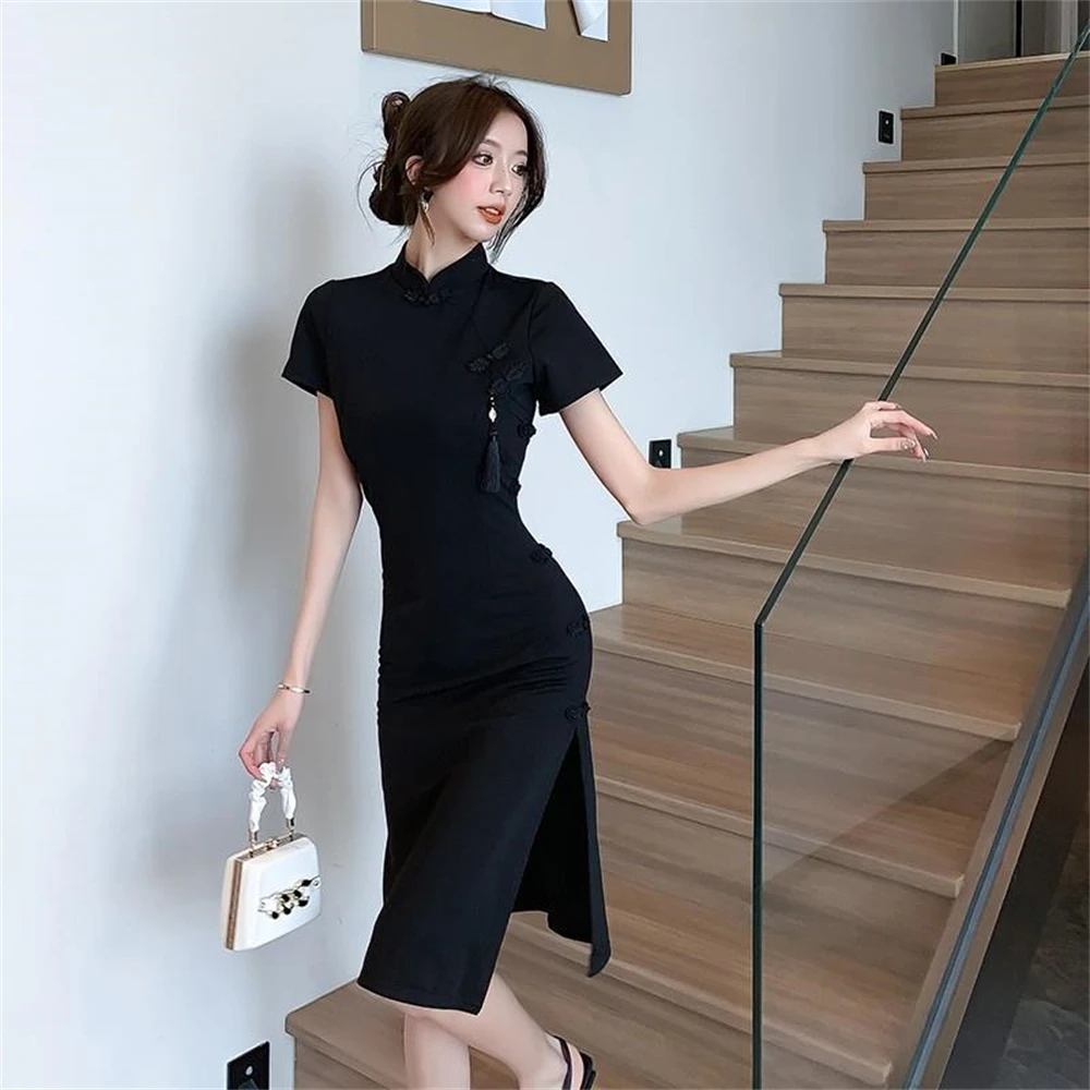 Chinese Style Retro Improved Disc Buckle Cheongsam Summer Sexy Temperament Black Qipao Female Traditional Buttocks Wrapped Dress