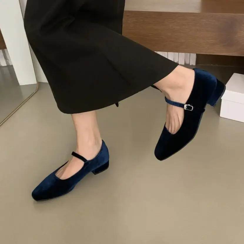 Bailamos Autumn New Women Velvet Flats Square Toe Shallow Buckle Ladies Elegant Sole Ballte Shoes Casual Loafers Shoes Muje