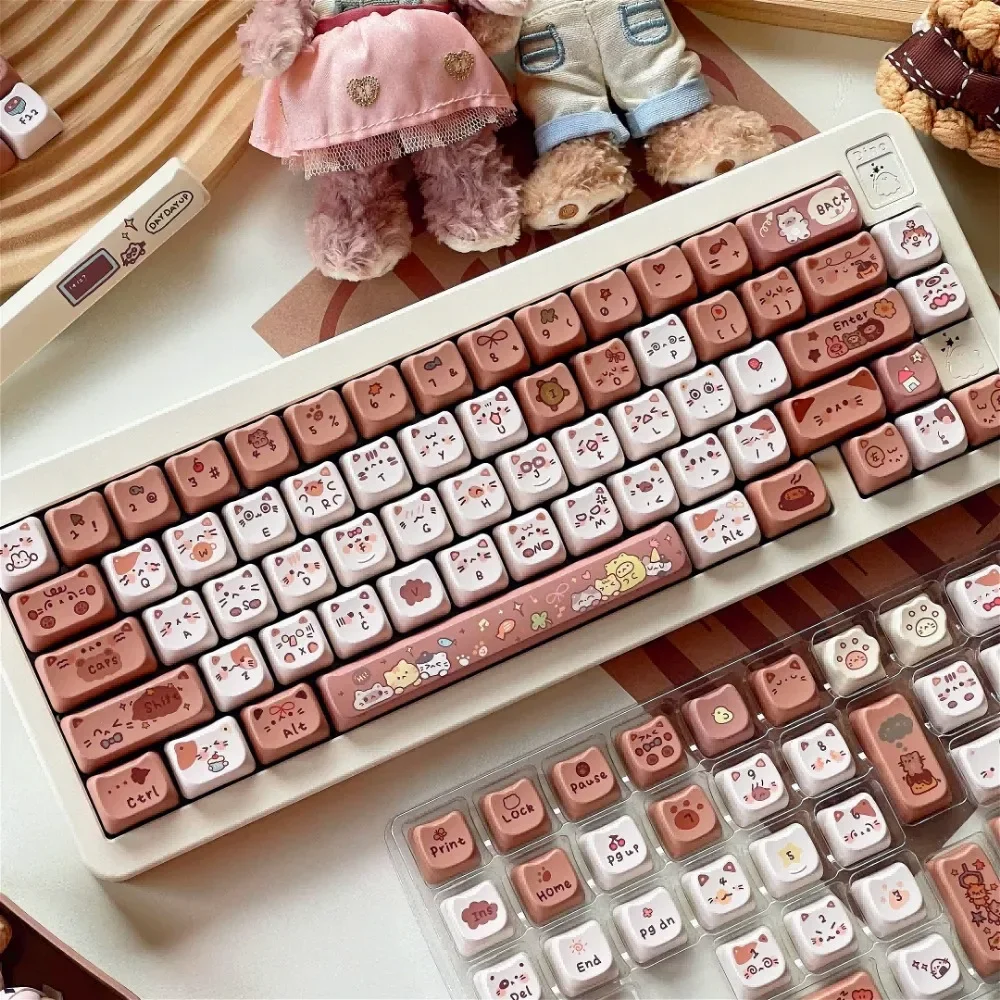 Brown MAO Keycap Set PBT 140 keys, cute, cat theme, suitable for 61/87/104/108 mechanical keyboard