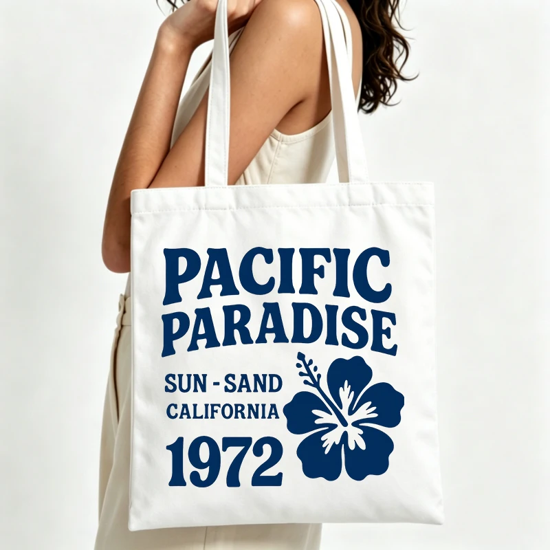 floral and typography print canvas tote bag, vintage style for summer beach outings and casual shopping