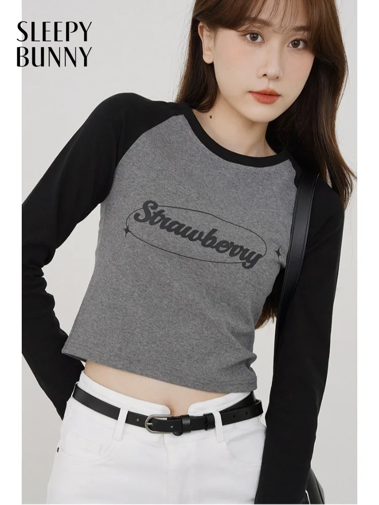 Women Print Raglan Long Sleeve T Shirt Spring Petite Slim Fit Versatile Crew Neck Cropped Top Lady Elegant Chic Casual Outfit