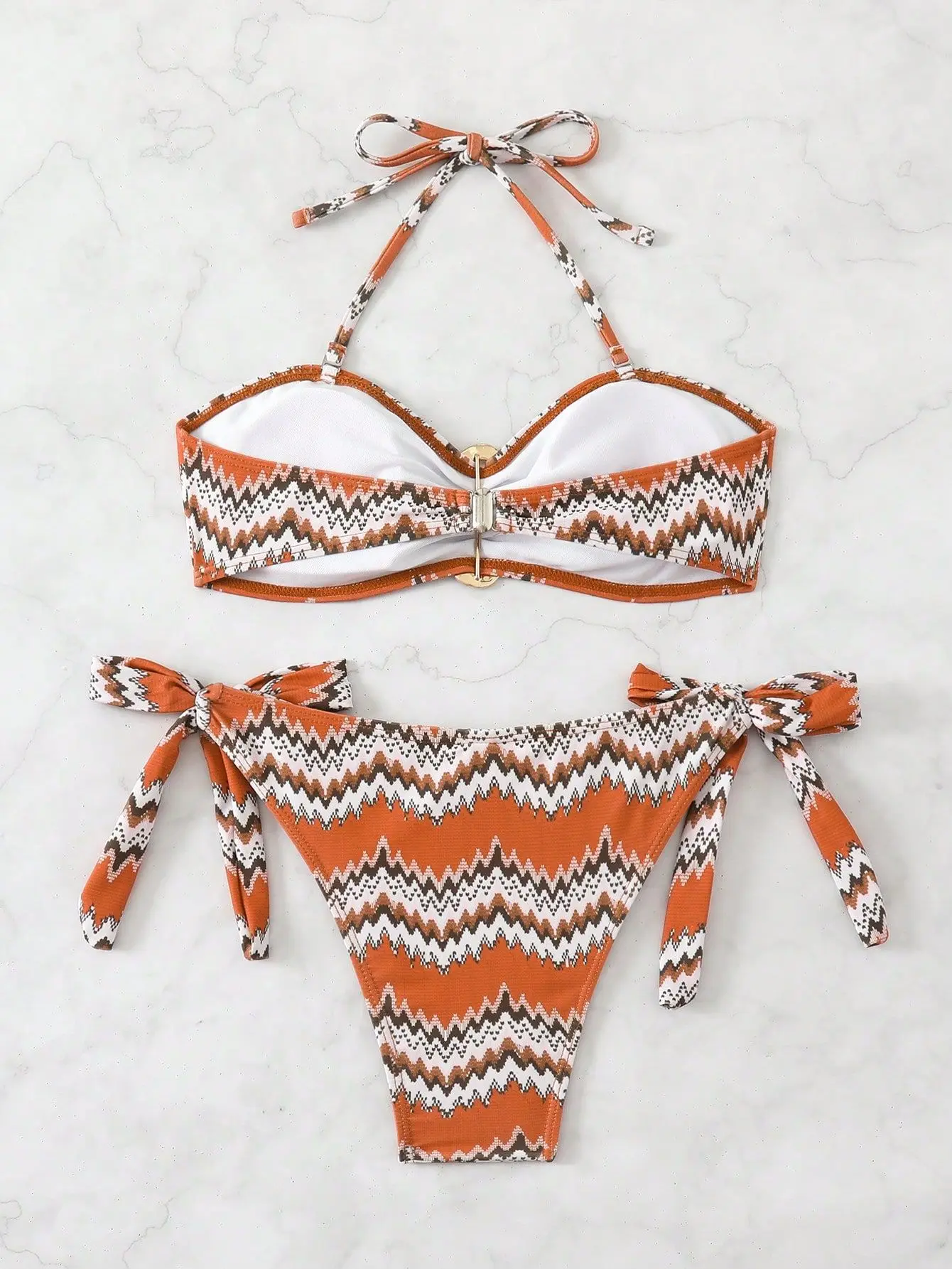 sexy vintage wave print metal ring bikinis sets two pieces tie bow thong swimsuits bathing suit swimwear biquini tankini trikini