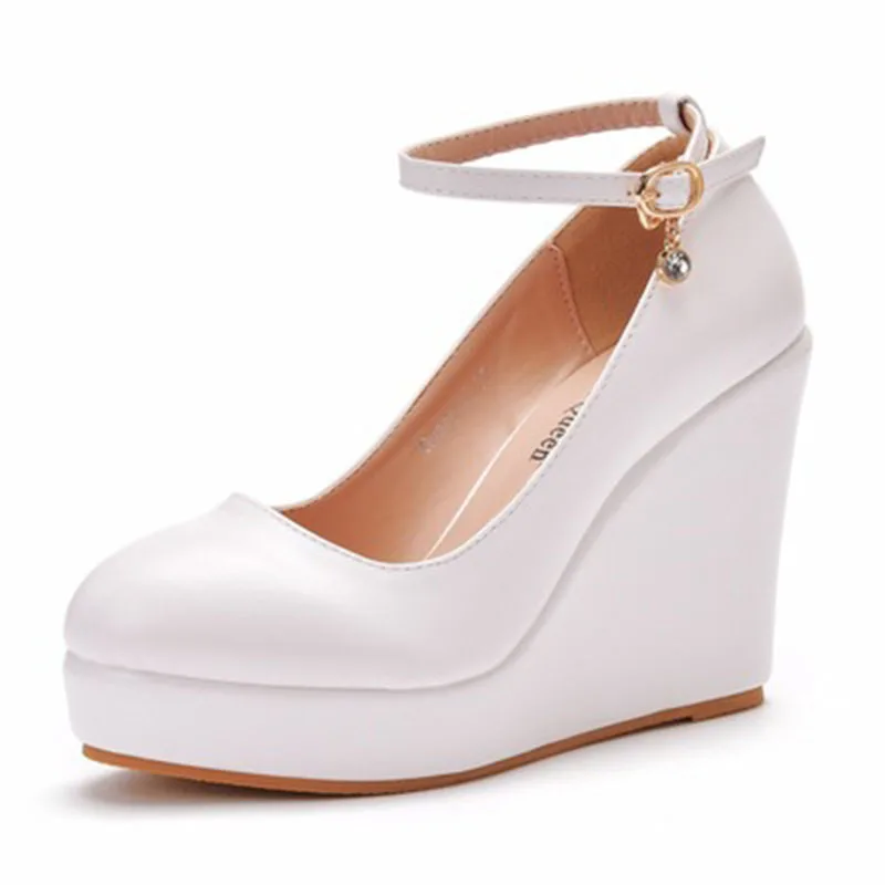 Large size round toe platform high-heeled shoes sloping single shoes with wedge heels white black wedge heels for women