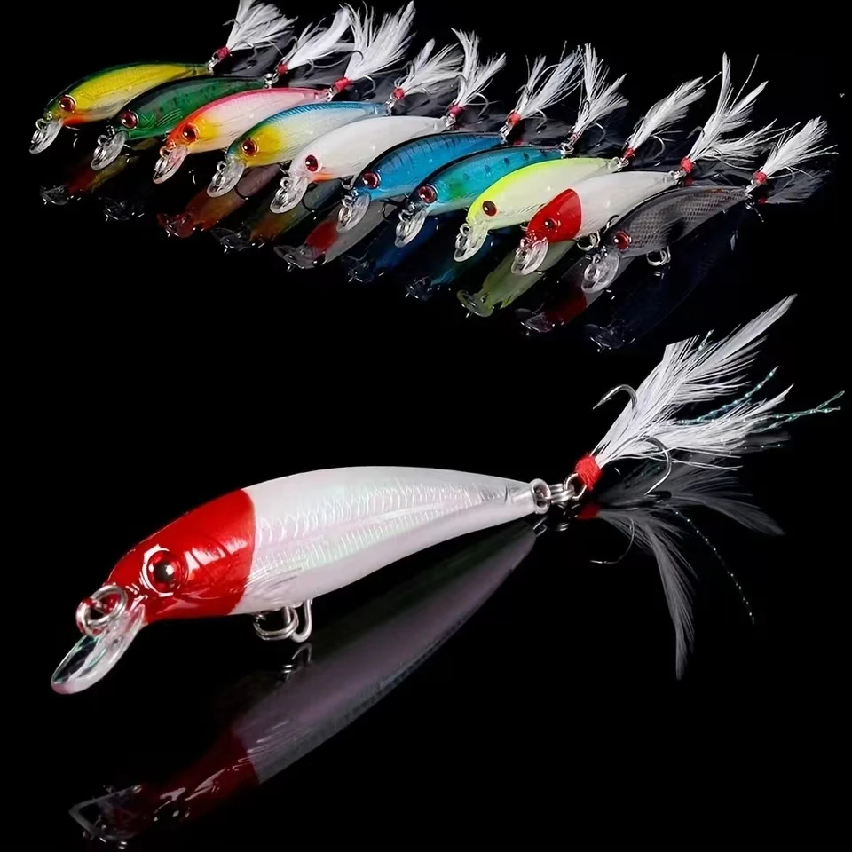 10pcs Larser Minnow Fishing Lures Set Catch Bass Faster with Feather Hook Artificial Bait Crankbait 9cm/7g