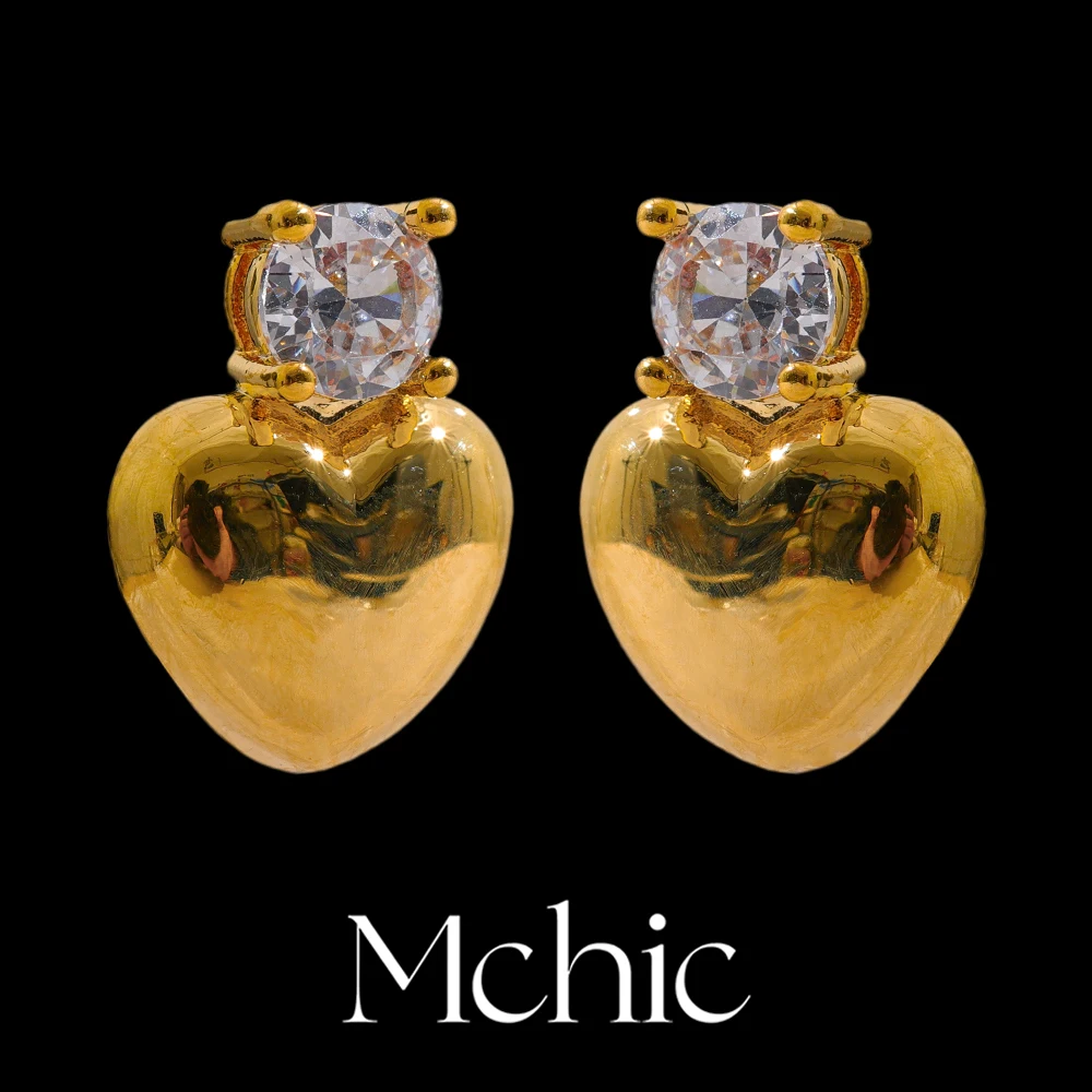 Mchic Exquisite Cubic Zirconia Heart Love Golden Stud Earrings for Women Fashion Romantic Copper Jewelry Prevent Allergy Gift