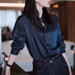 Blusa de manga larga minimalista para mujer, camisa versátil con botones y cuello levantado, primavera y otoño, 2024