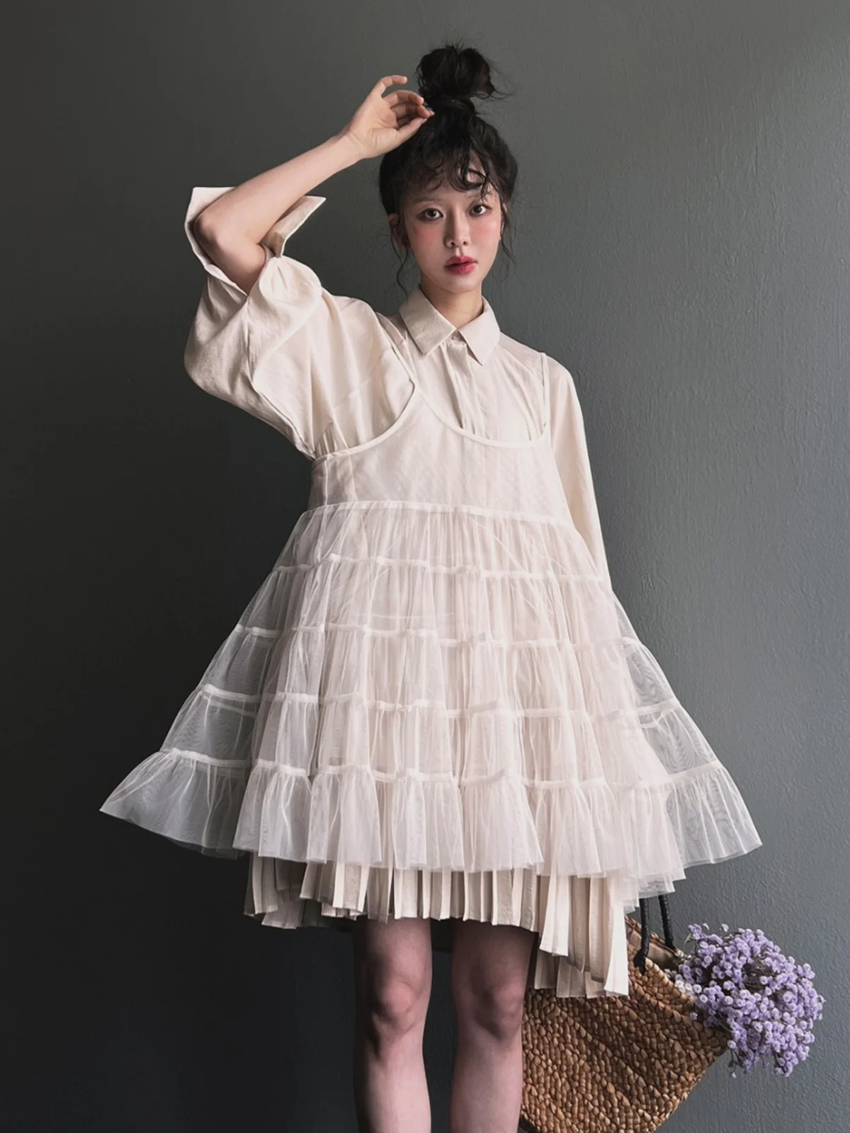 Ele Me Strap Dr femmes automne nouveau polyvalent col Vintage simple bouton irt gâteau jupe coréenne Sle taille ample