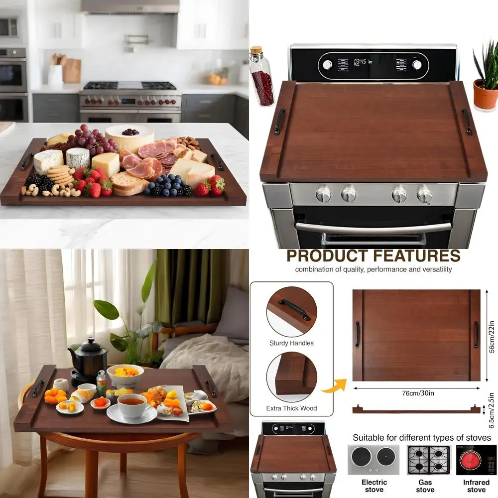 

30 Walnut Wood Stove Top Cover with Handles for Gas & Electric Ranges - Expandable Counter Space