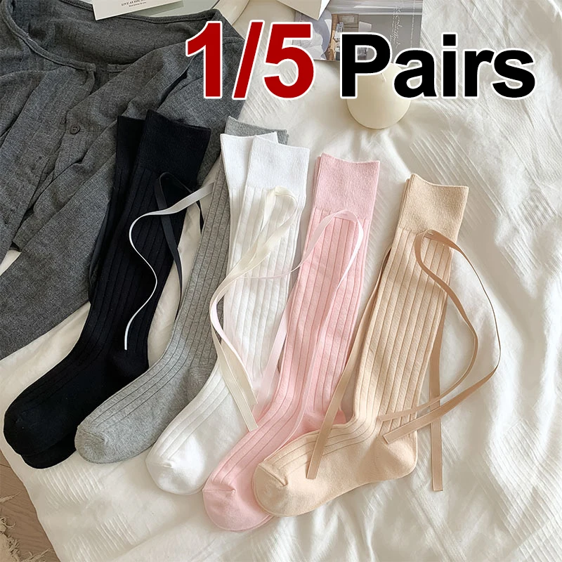 

1/5 Pairs Women High-Quality Butterfly Tie Tied Cotton Long Socks Spring Summer Thin Breathable Comfortable Sweet Casual Socks