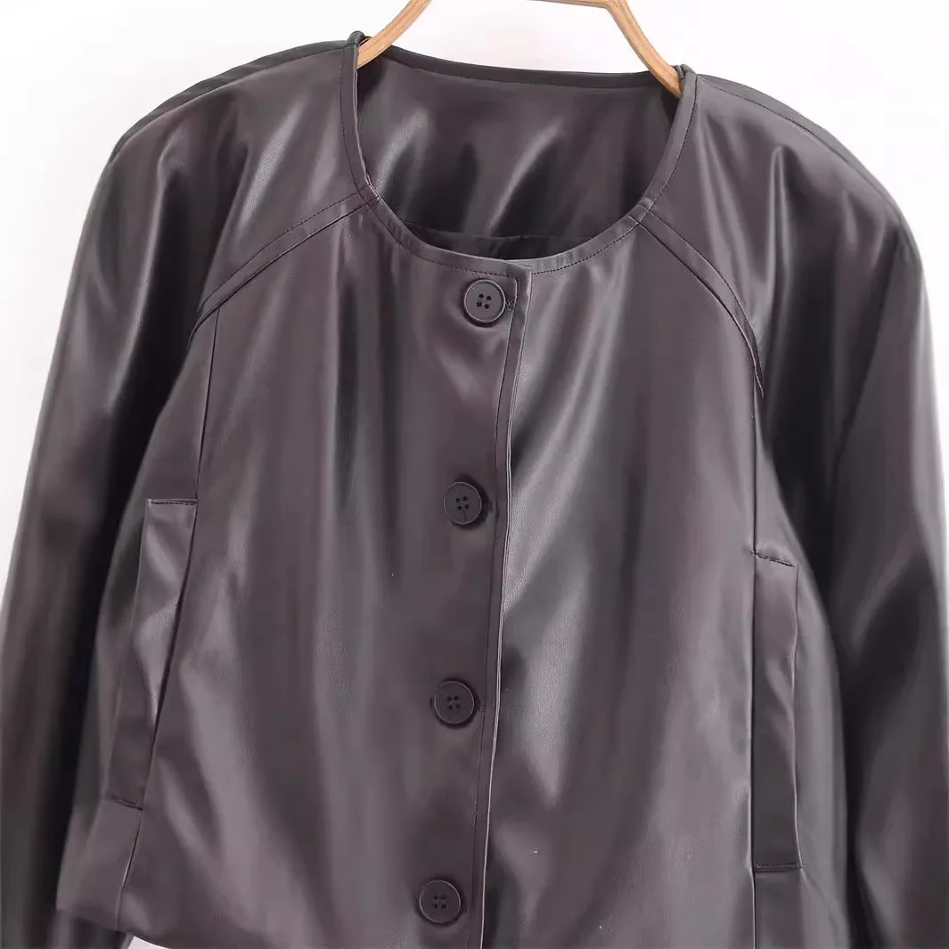 High-Waisted Short PU Leather Jacket European American Style round Neck Single-Breasted Loose Slimming Casual Top for Autumn