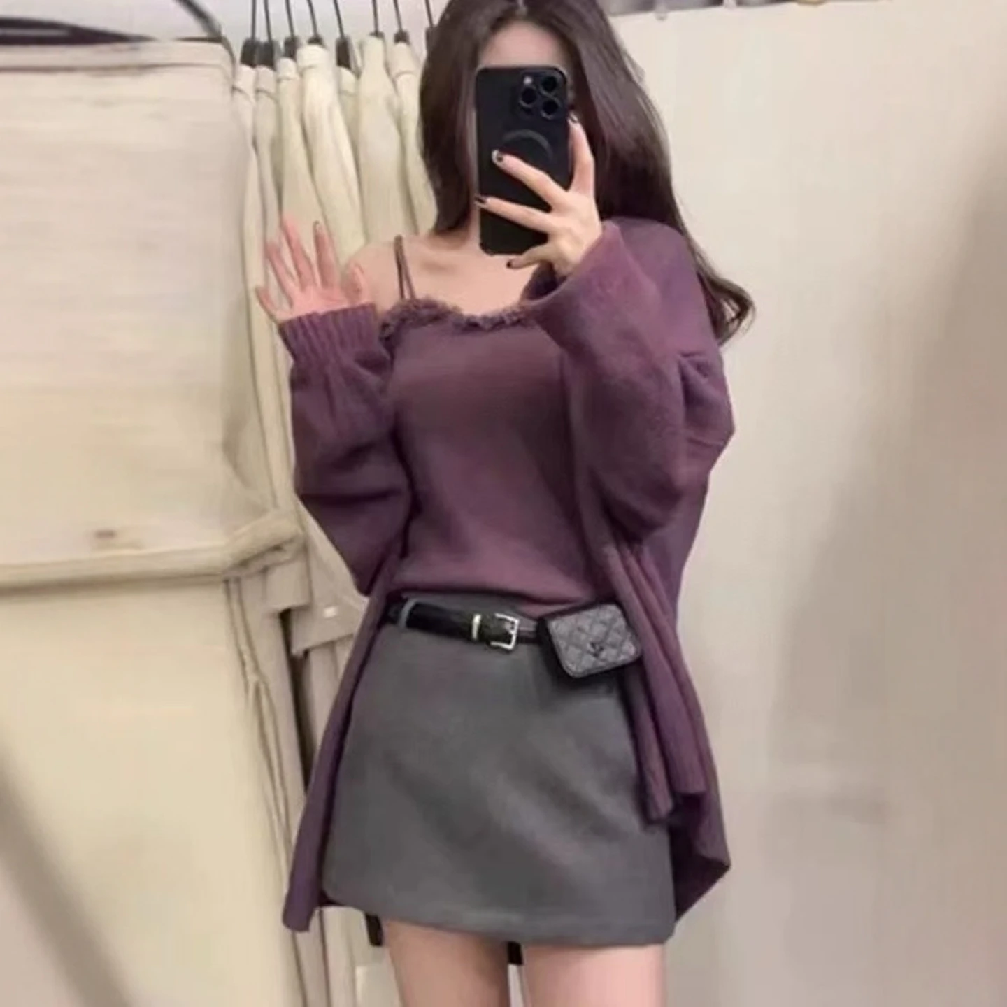 

Pure Desire Sexy Purple Knitted Open Cardigan Coat Women's Autumn Winter Inner Slim Strap Two-Piece Set Sweater Unique Top