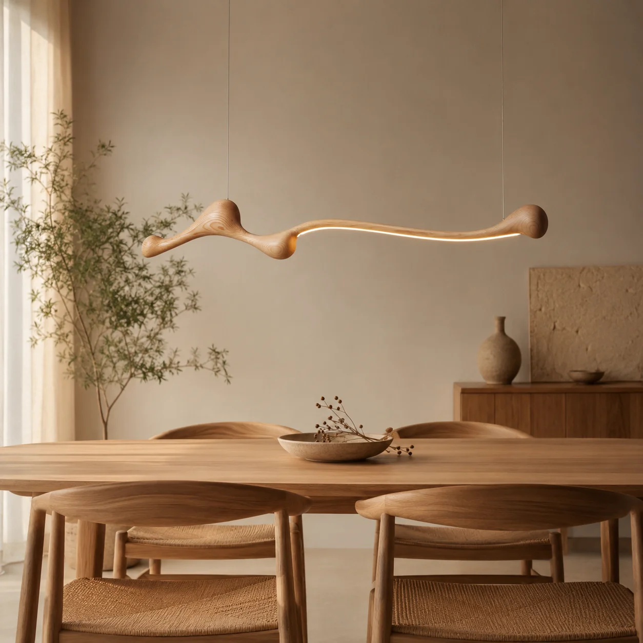 Linear Solid Wood Pendant Light with a Gentle Curve Dimmable LED Chandelier in 3 Wood Colors for Kitchen Island Dining Room