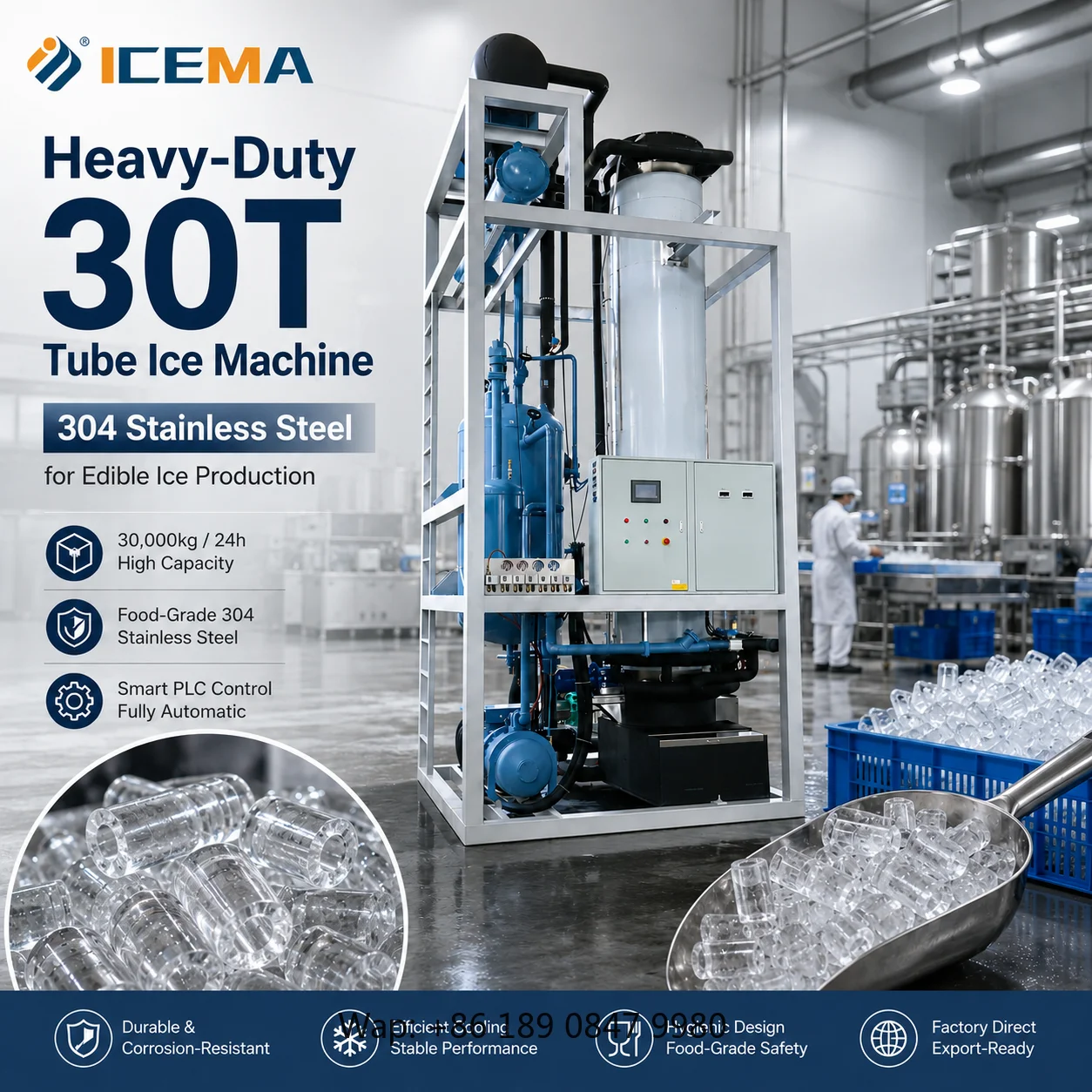 【Hot】Customized 30 Ton Tube Ice Machine PLC Control SUS304 Material