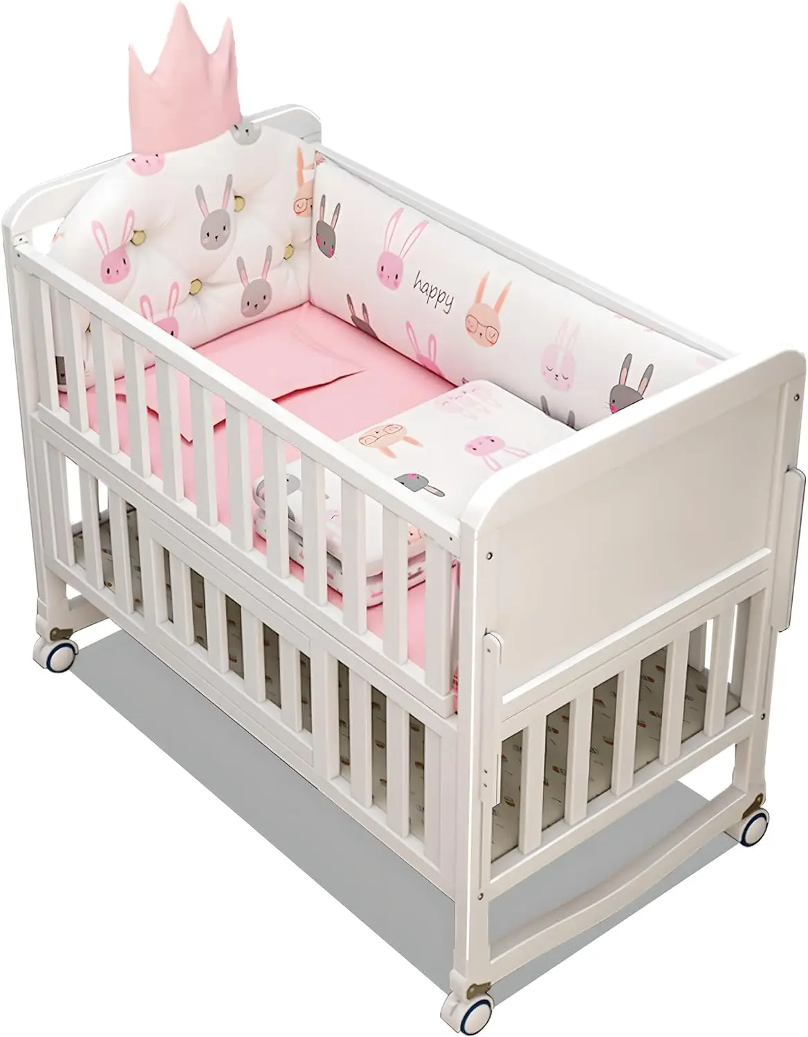 

New Hot Sale European Style 6 in 1 White Wooden Baby Crib Multifunction Toddler Bed with 5 Piece Bedding Set