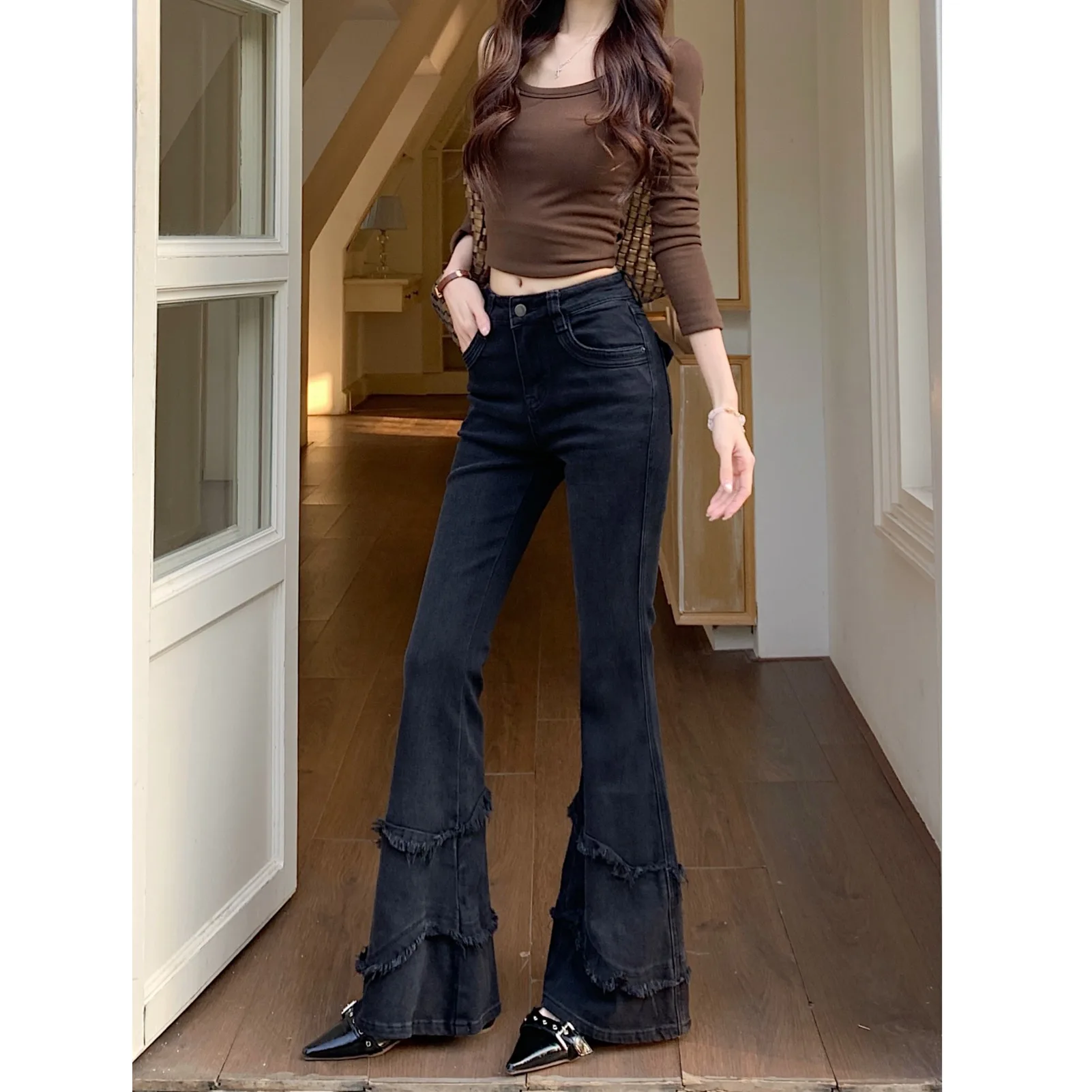 

Slim Fit High Waist Bell Bottom Denim Jeans Women's Autumn Winter New Style Frayed Splicing Workwear Long Trousers