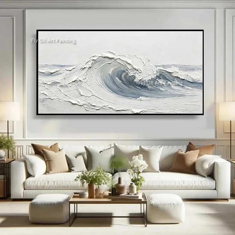 Original White Beige Seascape Thick Wall Art Items For Room Handpainted New Large Light Blue White Ocean Wave Oil Painting