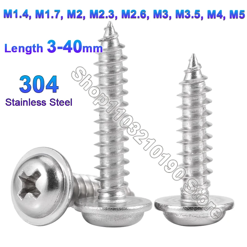 304 Stainless Steel Cross Phillips Pan Round Truss Head With Washer Padded Collar Self‑Tapping Wood Screws M1.4‑M5 Length 3‑40mm