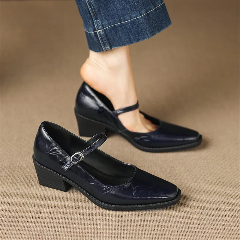 

New Spring/Summer Genuine Leather Women Shoes Fashion Square Toe High Heels Shoes for Woman Handmade Women Mary Jane Shoes