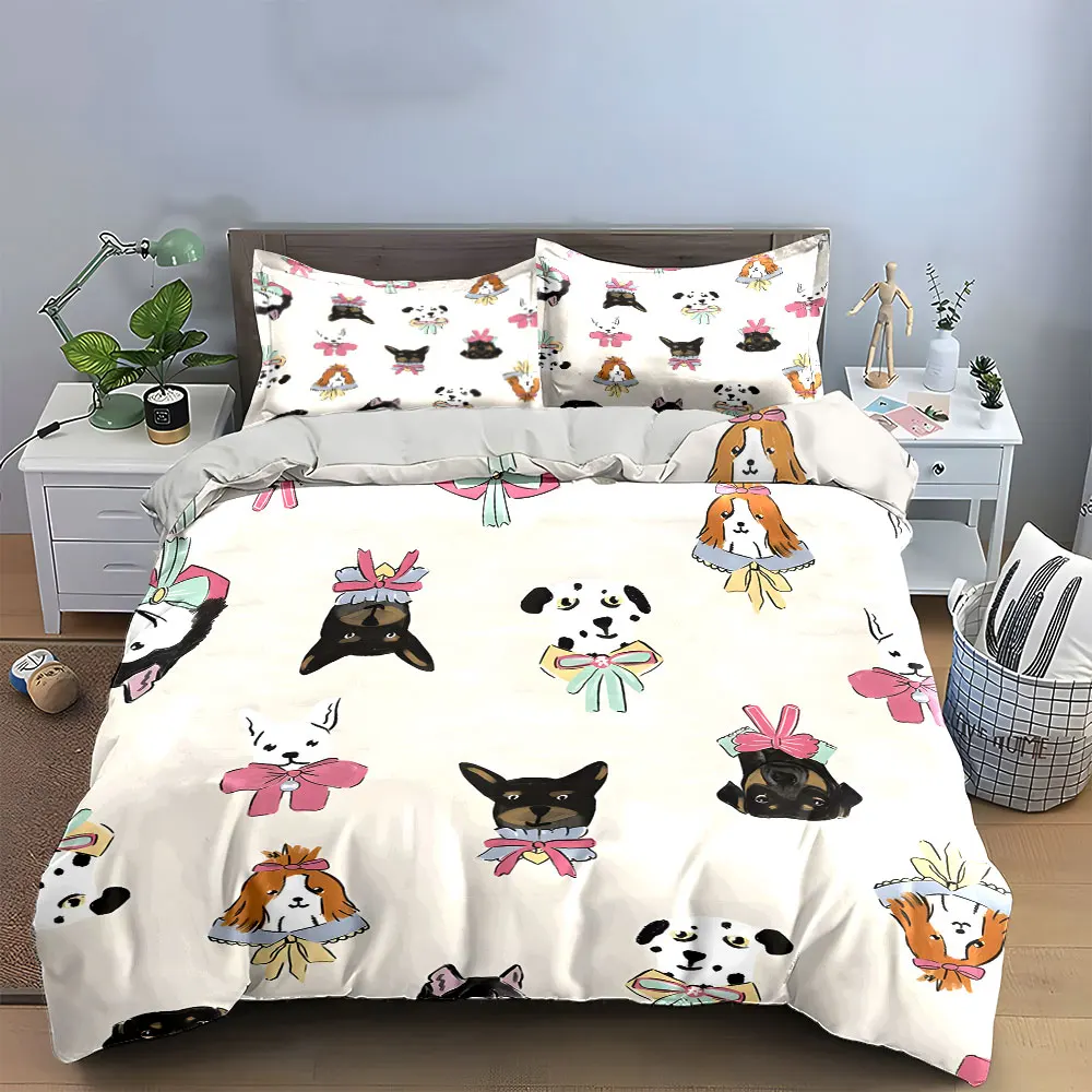 3Pcs Cute Dog Bedding Set, Adorable Puppies with Pink Bows Print Duvet Cover + 2 Pillowcases, home Girly Pet Decor