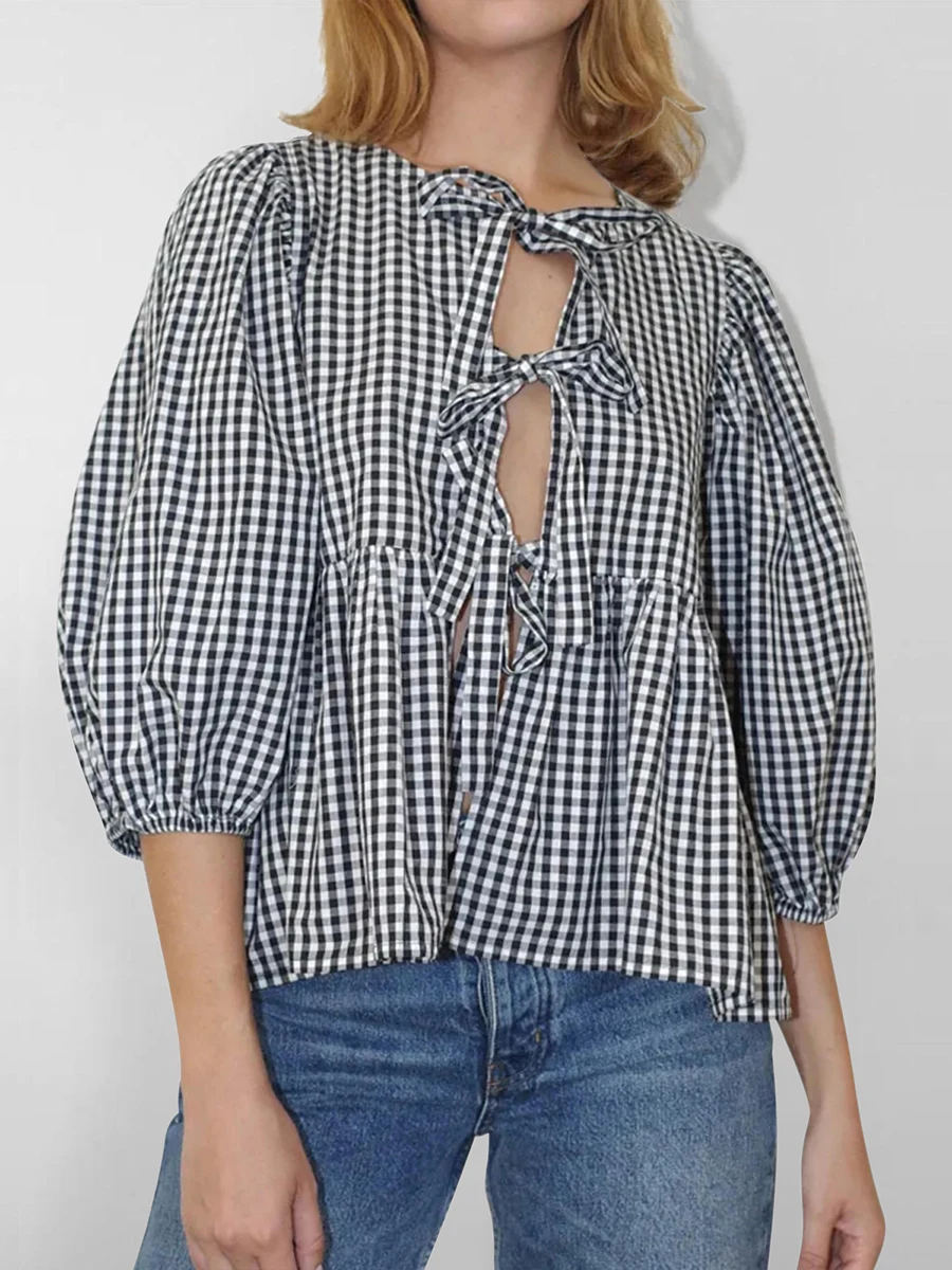 Camisa a cuadros con lazo frontal para mujer, Blusa de manga abullonada con Peplum, cuello redondo, picardías, ropa de calle bonita para salir, Y2k